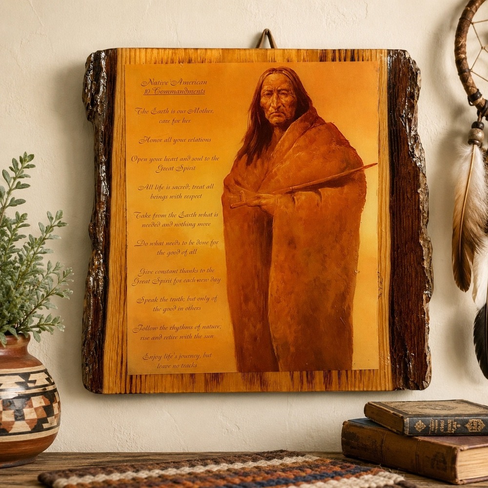 Vintage Native American 10 Commandments Wood Slab Wall Plaque Cliff Dweller